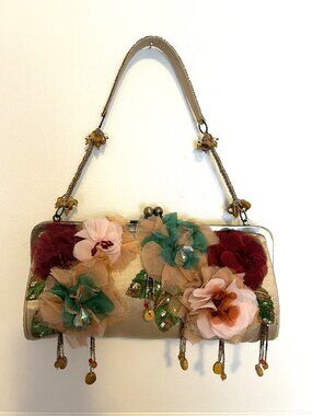 Vintage Pat Vini Silk Multicolored Floral Fabric Clutch Handbag W/Swarovski